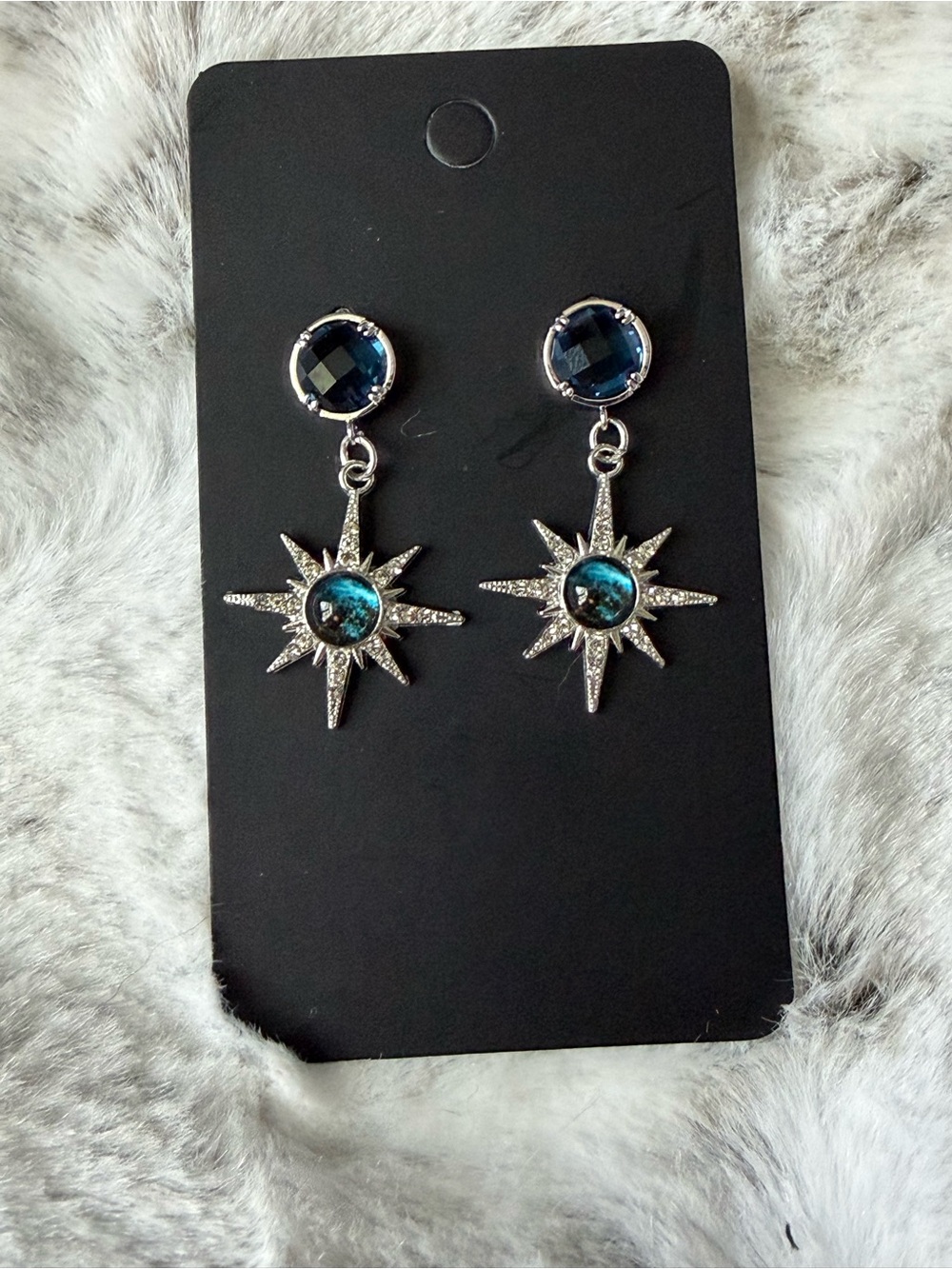 Silver Starburst Drop Earrings with Deep Blue Stones